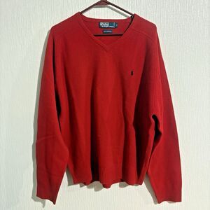 Polo Ralph Lauren Red Lamb Wool V Neck Sweater Holiday Work Party Nice Classic L